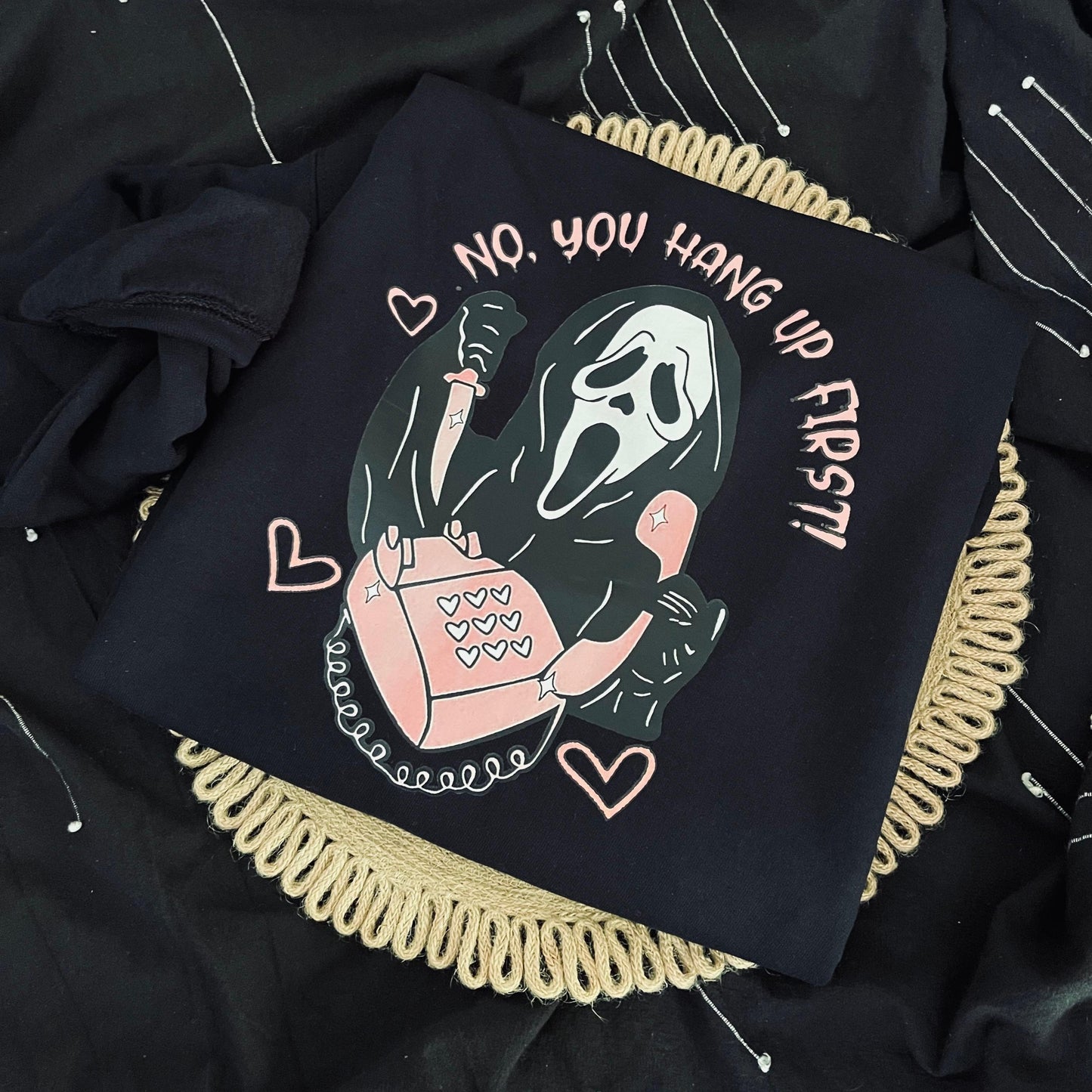 Pink Ghostface "No, you hang up first!" Phone T-Shirt and Sweatshirt