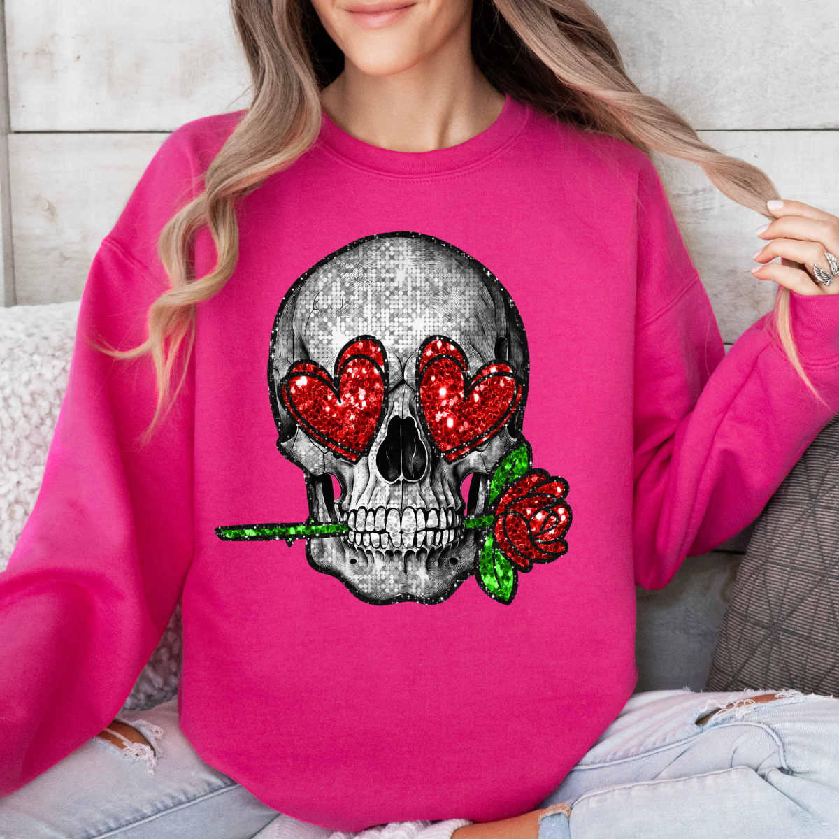 Valentines Skull Faux Glitter GILDAN Crewneck