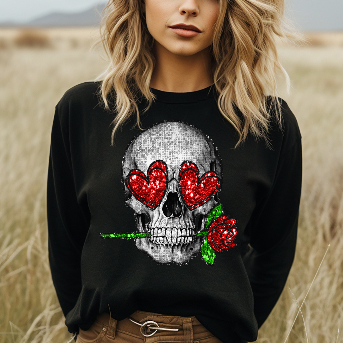 Valentines Skull Faux Glitter GILDAN Crewneck