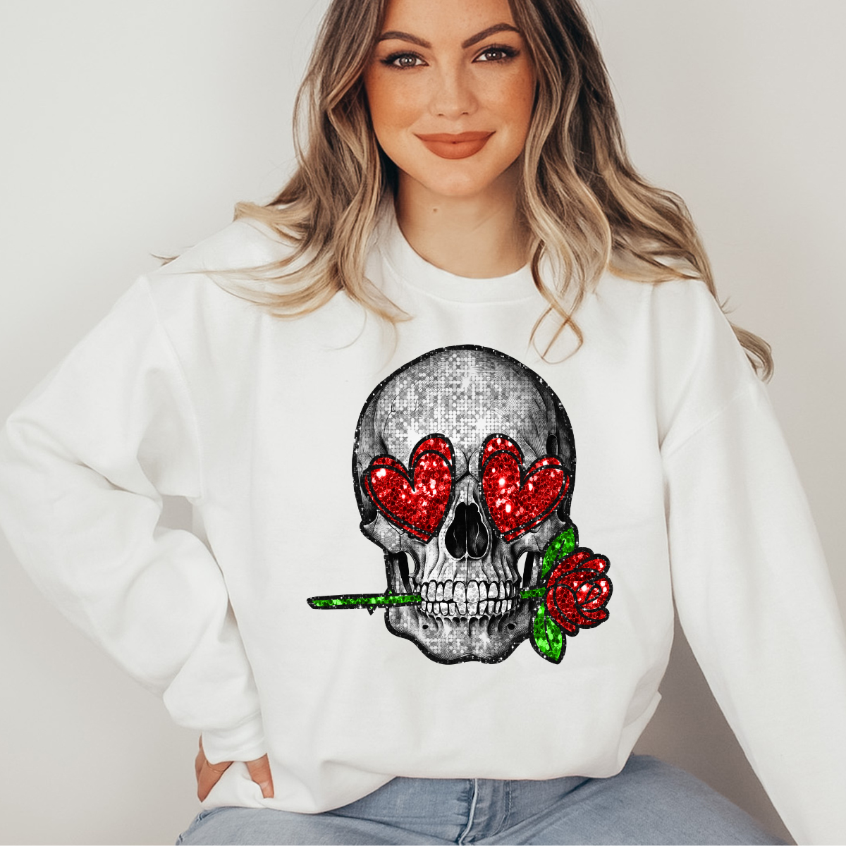 Valentines Skull Faux Glitter GILDAN Crewneck