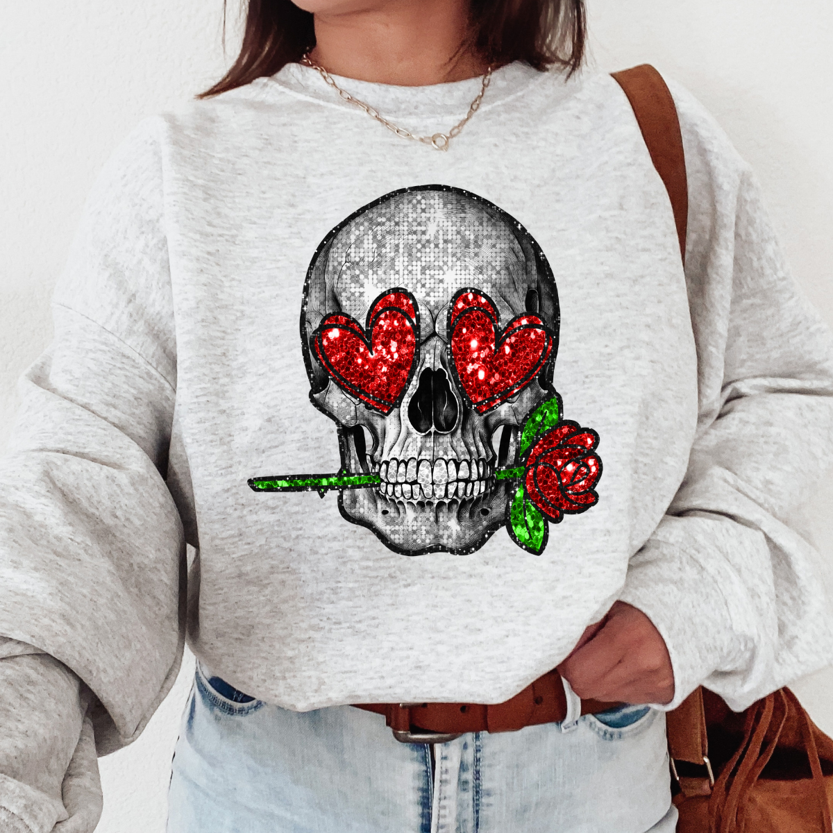 Valentines Skull Faux Glitter GILDAN Crewneck