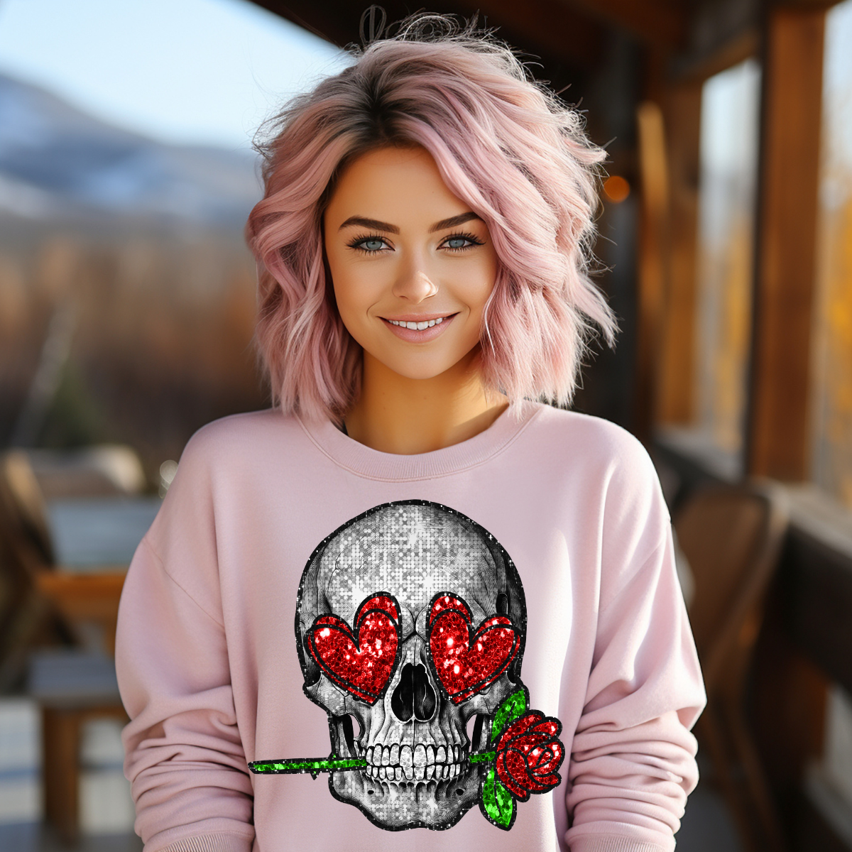 Valentines Skull Faux Glitter GILDAN Crewneck