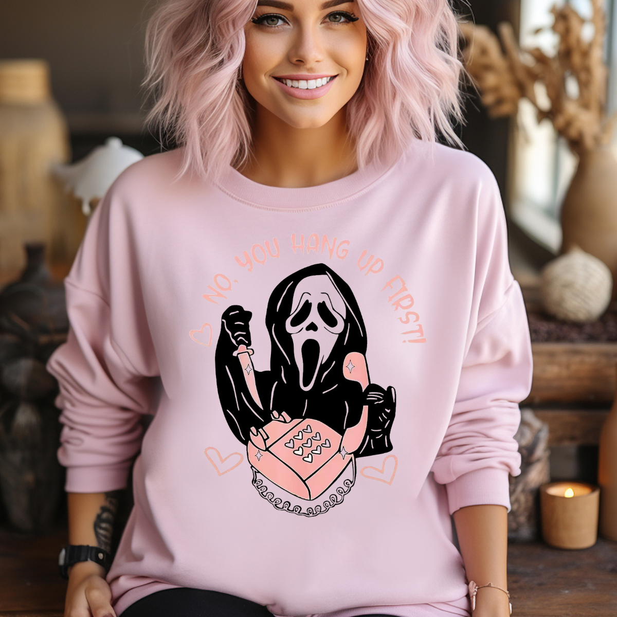 Pink Ghostface "No, you hang up first!" Phone T-Shirt and Sweatshirt